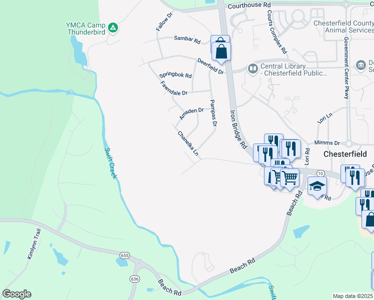 map of restaurants, bars, coffee shops, grocery stores, and more near 9822 Chanelka Lane in Chesterfield