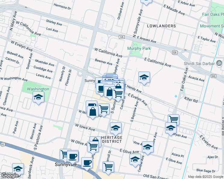 map of restaurants, bars, coffee shops, grocery stores, and more near 115 South Murphy Avenue in Sunnyvale