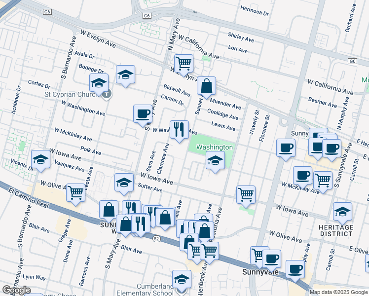 map of restaurants, bars, coffee shops, grocery stores, and more near 231 Sunset Avenue in Sunnyvale