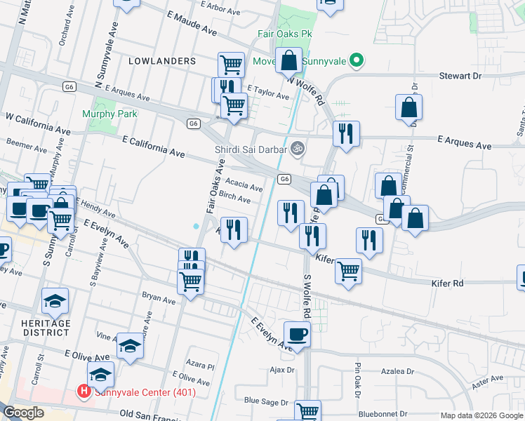 map of restaurants, bars, coffee shops, grocery stores, and more near 165 San Gabriel Drive in Sunnyvale