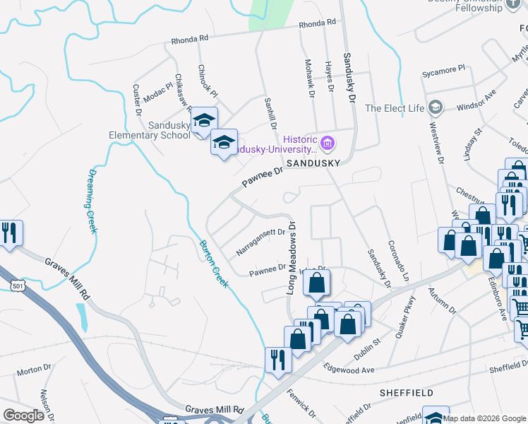 map of restaurants, bars, coffee shops, grocery stores, and more near 1023 Long Meadows Drive in Lynchburg