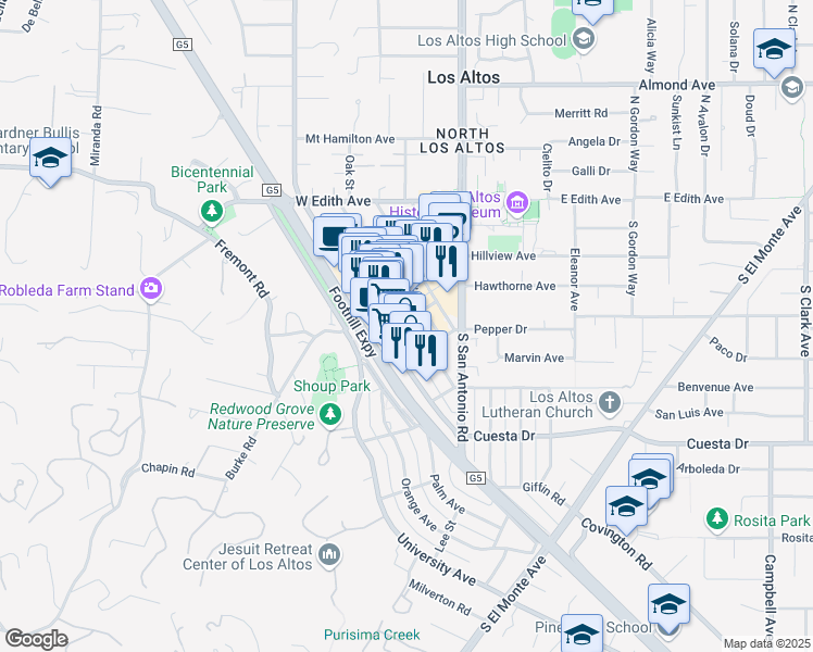 map of restaurants, bars, coffee shops, grocery stores, and more near 325 1st Street in Los Altos