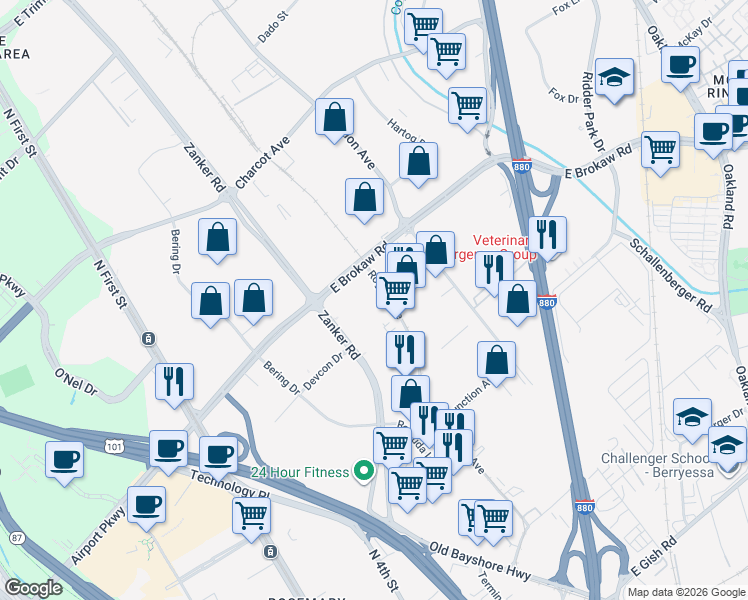 map of restaurants, bars, coffee shops, grocery stores, and more near 1785 Rogers Avenue in San Jose