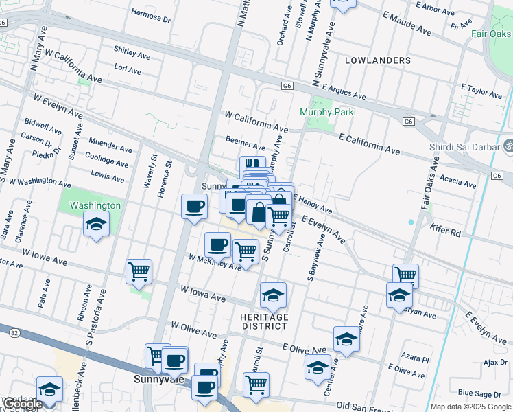 map of restaurants, bars, coffee shops, grocery stores, and more near 115 South Murphy Avenue in Sunnyvale