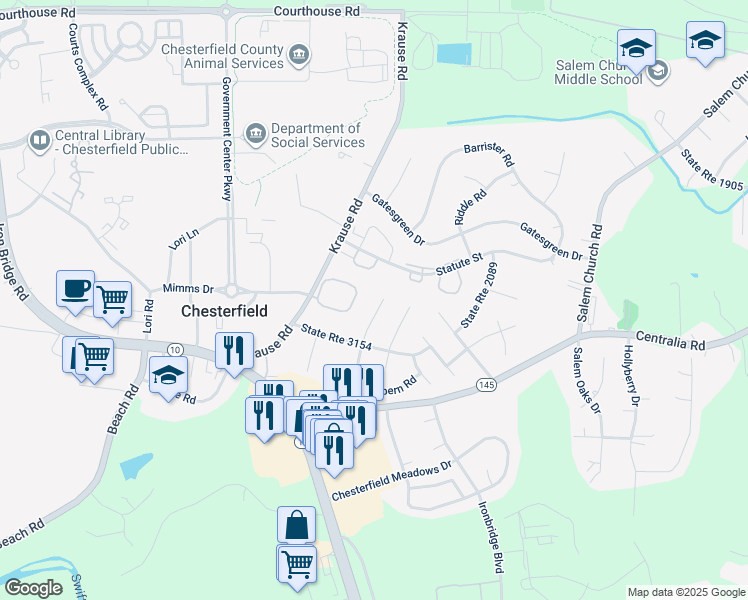 map of restaurants, bars, coffee shops, grocery stores, and more near 9806 Nott Lane in Chesterfield