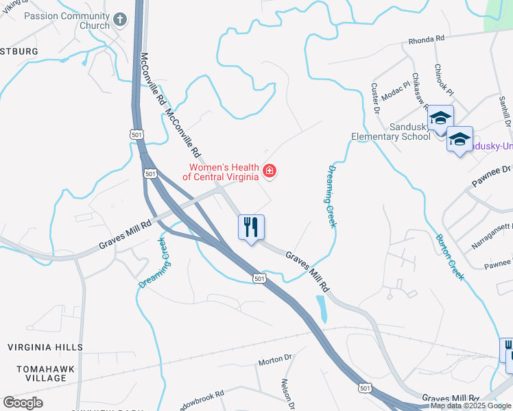 map of restaurants, bars, coffee shops, grocery stores, and more near 800 Graves Mill Road in Lynchburg