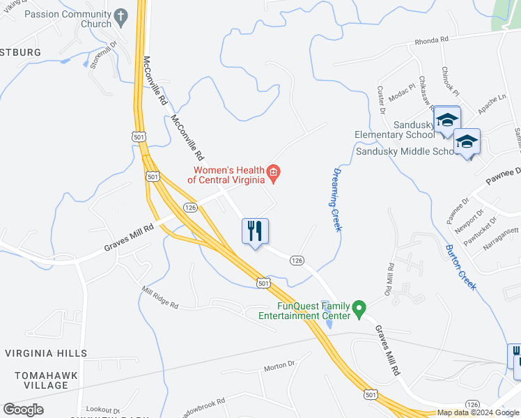 map of restaurants, bars, coffee shops, grocery stores, and more near 800 Graves Mill Road in Lynchburg