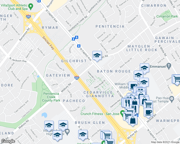 map of restaurants, bars, coffee shops, grocery stores, and more near 774 Cedarville Lane in San Jose