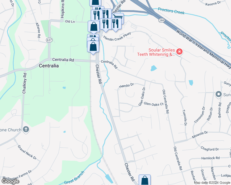 map of restaurants, bars, coffee shops, grocery stores, and more near 4101 Hamlin Court in Chester
