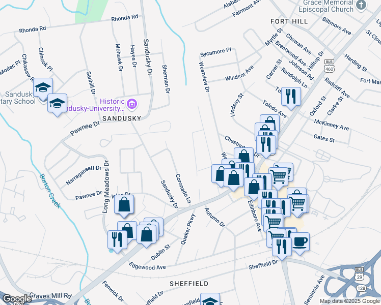 map of restaurants, bars, coffee shops, grocery stores, and more near 1119 Heath Avenue in Lynchburg