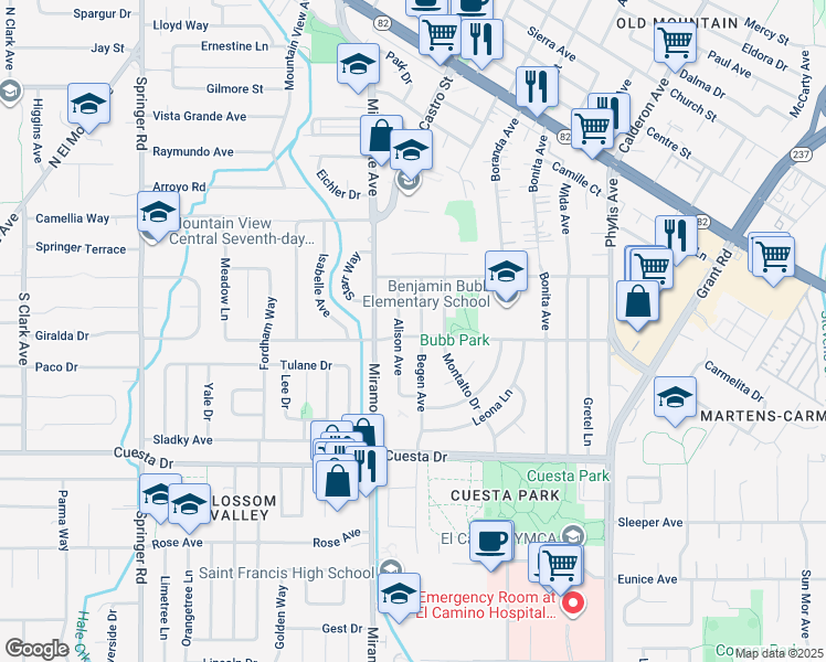 map of restaurants, bars, coffee shops, grocery stores, and more near 1576 Begen Avenue in Mountain View