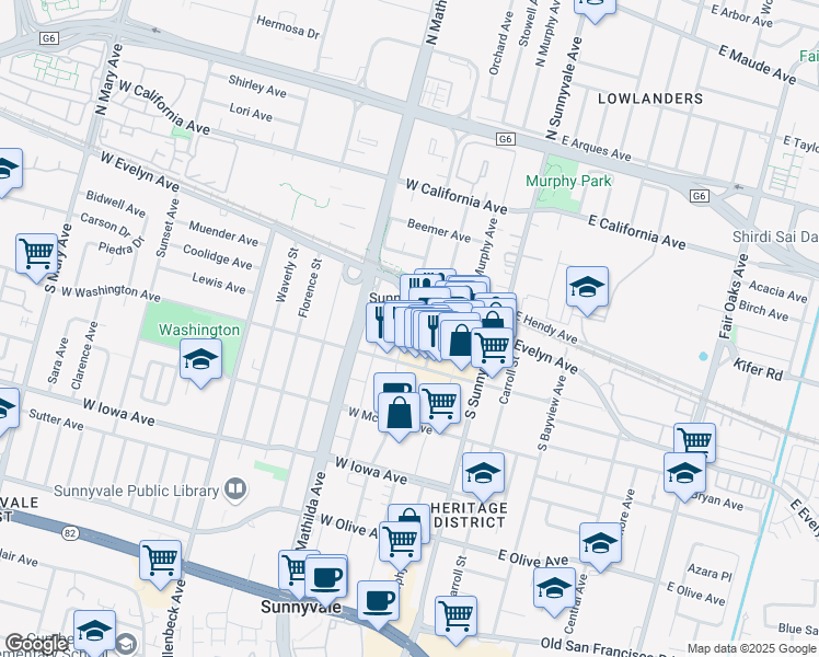 map of restaurants, bars, coffee shops, grocery stores, and more near 137 South Taaffe Street in Sunnyvale