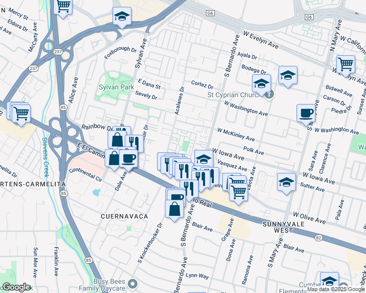 map of restaurants, bars, coffee shops, grocery stores, and more near 1287 Vicente Drive in Sunnyvale