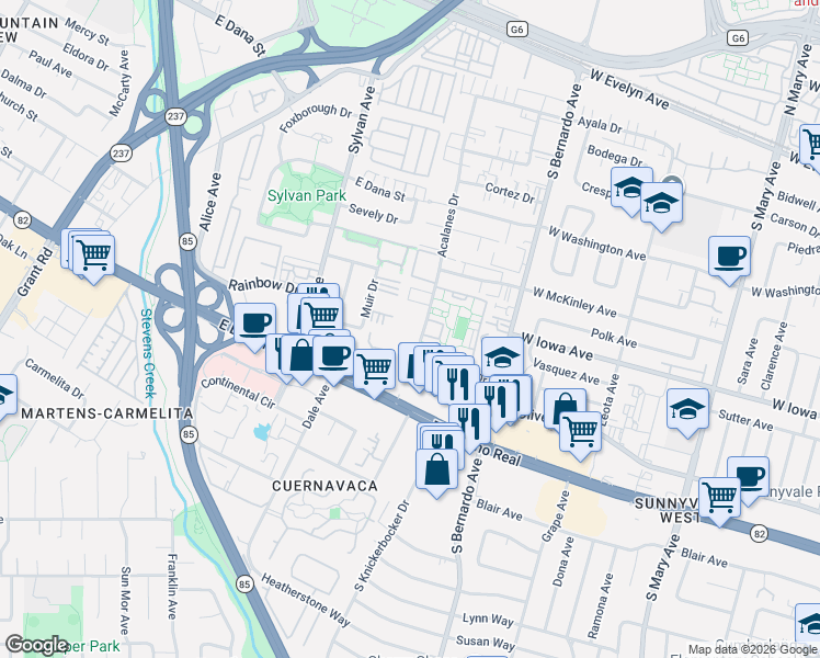 map of restaurants, bars, coffee shops, grocery stores, and more near 457 Acalanes Drive in Sunnyvale