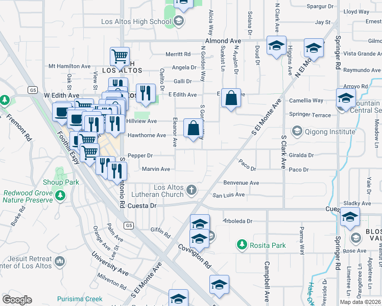 map of restaurants, bars, coffee shops, grocery stores, and more near 309 Eleanor Avenue in Los Altos