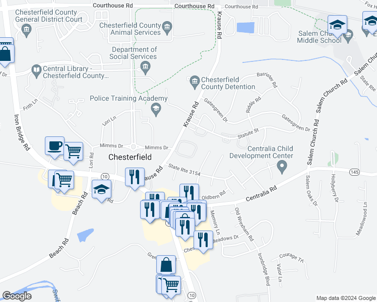map of restaurants, bars, coffee shops, grocery stores, and more near 6519 Fore Circle in Chesterfield