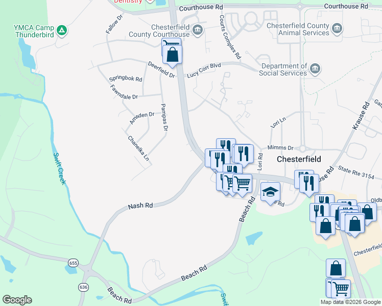 map of restaurants, bars, coffee shops, grocery stores, and more near 9800 Iron Bridge Road in Chesterfield