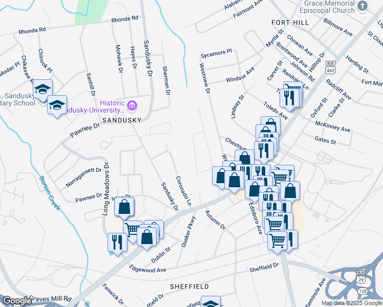map of restaurants, bars, coffee shops, grocery stores, and more near 1119 Heath Avenue in Lynchburg