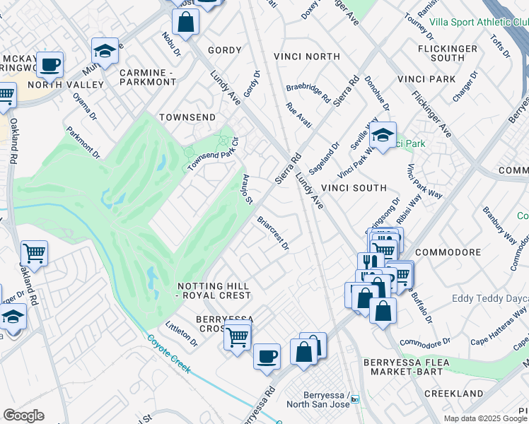 map of restaurants, bars, coffee shops, grocery stores, and more near 1291 Royal Crest Drive in San Jose