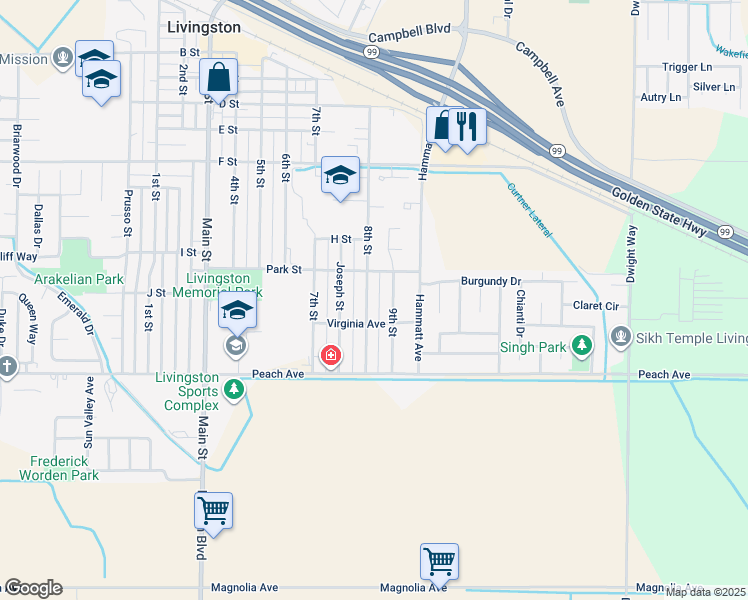 map of restaurants, bars, coffee shops, grocery stores, and more near 2035 Virginia Avenue in Livingston