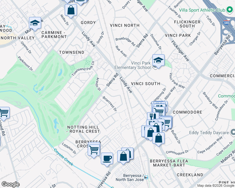 map of restaurants, bars, coffee shops, grocery stores, and more near 1198 Royal Crest Drive in San Jose