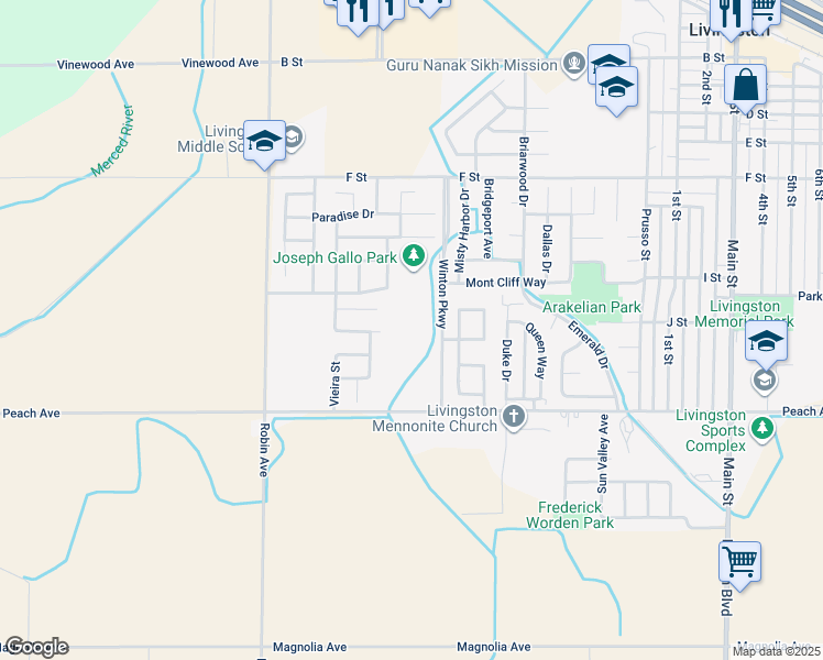 map of restaurants, bars, coffee shops, grocery stores, and more near 13638 Peach Avenue in Livingston
