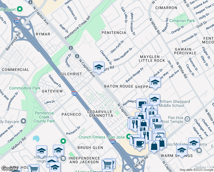 map of restaurants, bars, coffee shops, grocery stores, and more near 2655 Baton Rouge Drive in San Jose