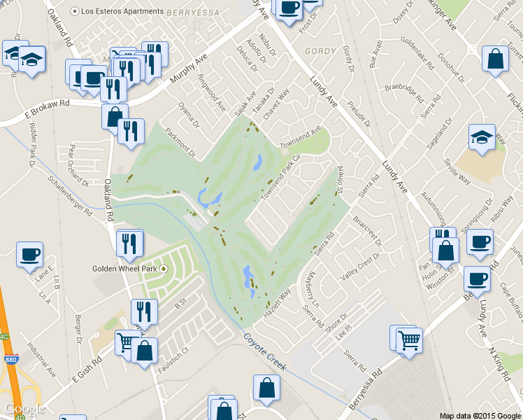 map of restaurants, bars, coffee shops, grocery stores, and more near 1418 De Falco Way in San Jose