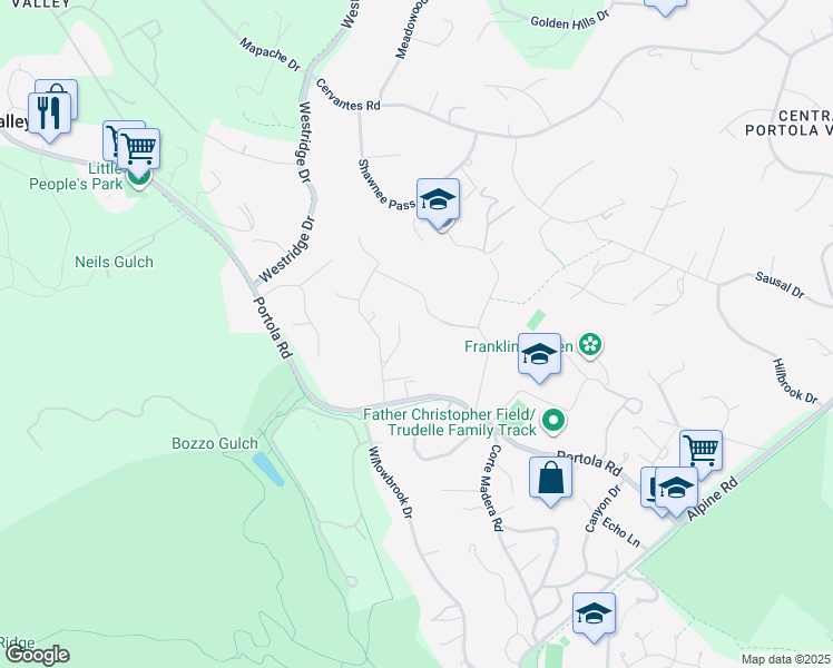 map of restaurants, bars, coffee shops, grocery stores, and more near 1 Grove Court in Portola Valley