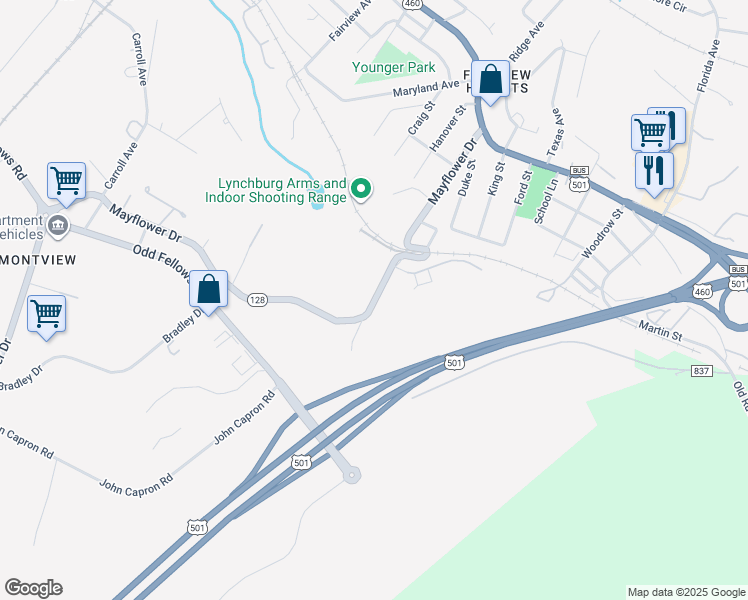 map of restaurants, bars, coffee shops, grocery stores, and more near 2558 Mayflower Drive in Lynchburg