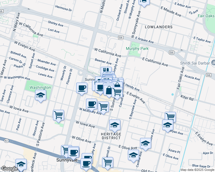 map of restaurants, bars, coffee shops, grocery stores, and more near 241 West Washington Avenue in Sunnyvale
