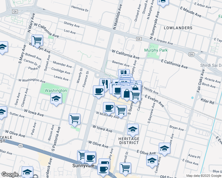 map of restaurants, bars, coffee shops, grocery stores, and more near 150 South Taaffe Street in Sunnyvale