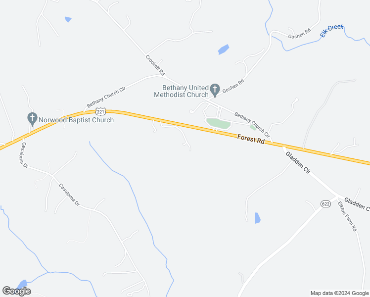 map of restaurants, bars, coffee shops, grocery stores, and more near 11261 Forest Road in Forest