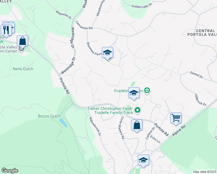 map of restaurants, bars, coffee shops, grocery stores, and more near 350 Grove Drive in Portola Valley