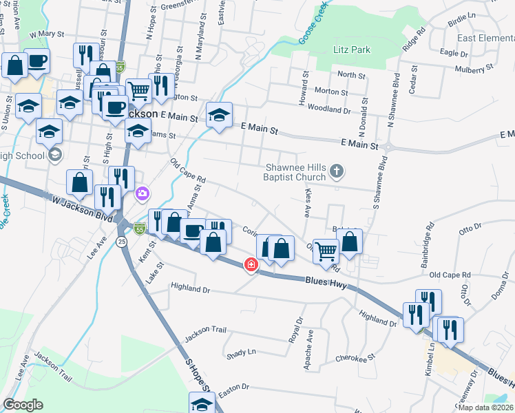 map of restaurants, bars, coffee shops, grocery stores, and more near 510 John Street in Jackson