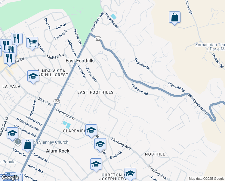 map of restaurants, bars, coffee shops, grocery stores, and more near 10741 Ridgeview Avenue in San Jose