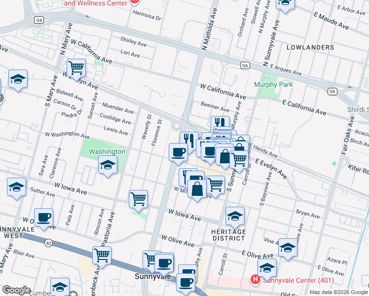 map of restaurants, bars, coffee shops, grocery stores, and more near 190 South Mathilda Avenue in Sunnyvale