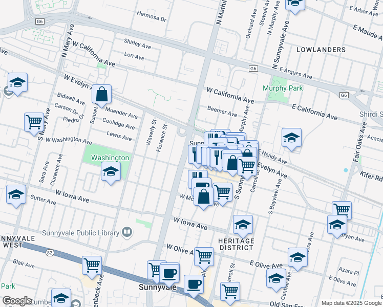 map of restaurants, bars, coffee shops, grocery stores, and more near 150 Mathilda Place in Sunnyvale