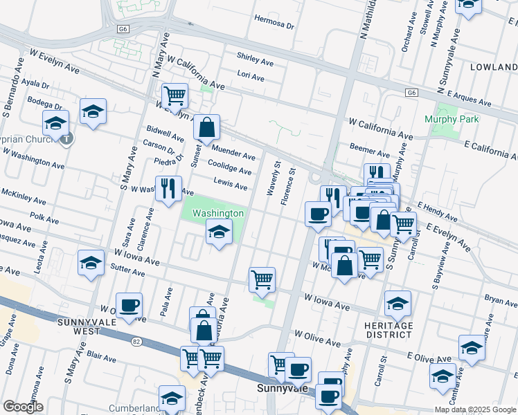 map of restaurants, bars, coffee shops, grocery stores, and more near 747 West Washington Avenue in Sunnyvale