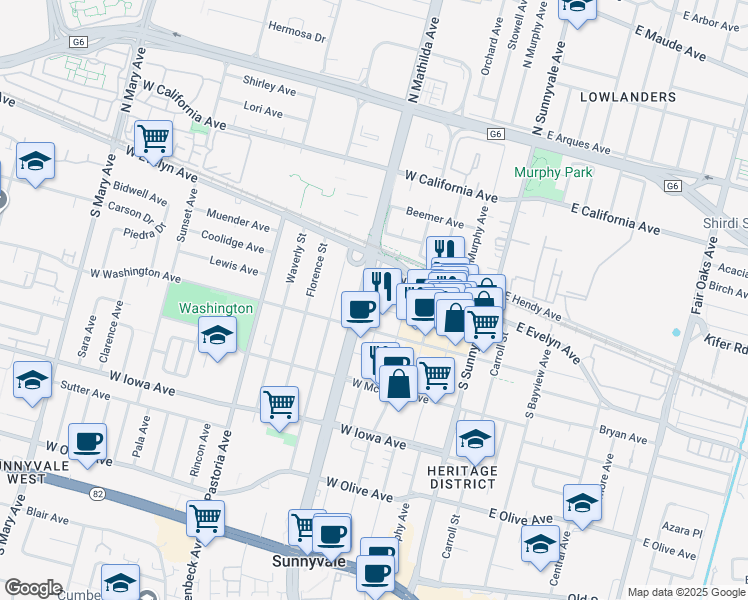 map of restaurants, bars, coffee shops, grocery stores, and more near 150 Mathilda Place in Sunnyvale