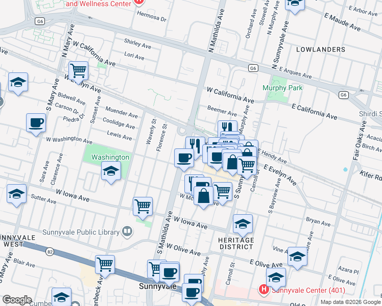 map of restaurants, bars, coffee shops, grocery stores, and more near 150 Mathilda Place in Sunnyvale