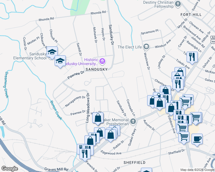 map of restaurants, bars, coffee shops, grocery stores, and more near 1512 Sangloe Place in Lynchburg
