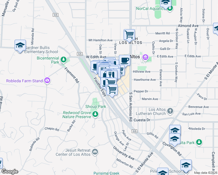 map of restaurants, bars, coffee shops, grocery stores, and more near 235 1st Street in Los Altos