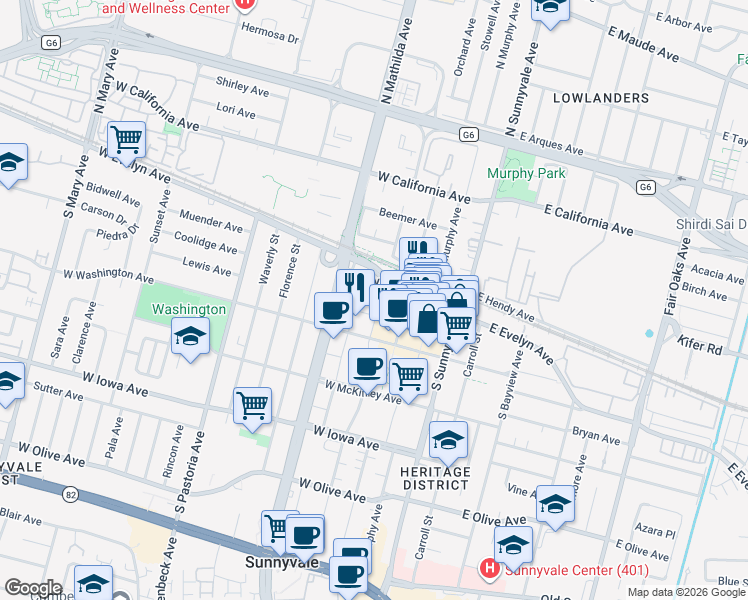 map of restaurants, bars, coffee shops, grocery stores, and more near 141 South Taaffe Street in Sunnyvale