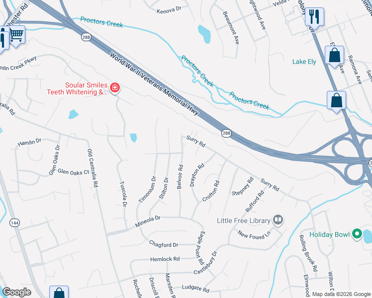 map of restaurants, bars, coffee shops, grocery stores, and more near 10801 Belvoir Road in Chester