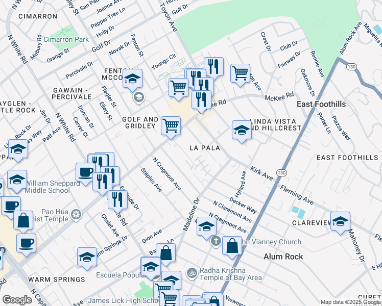 map of restaurants, bars, coffee shops, grocery stores, and more near 256 La Pala Drive in San Jose