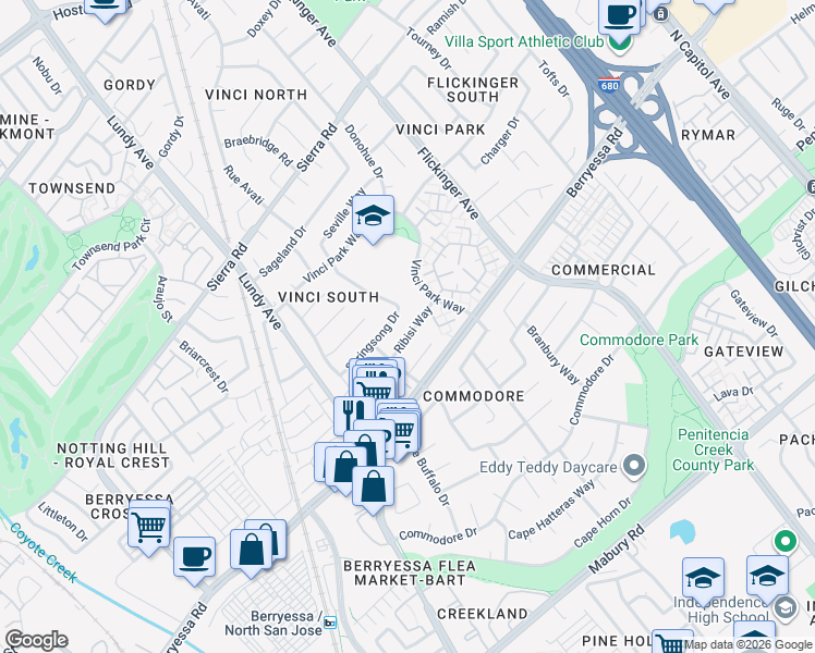 map of restaurants, bars, coffee shops, grocery stores, and more near 1708 Seville Way in San Jose