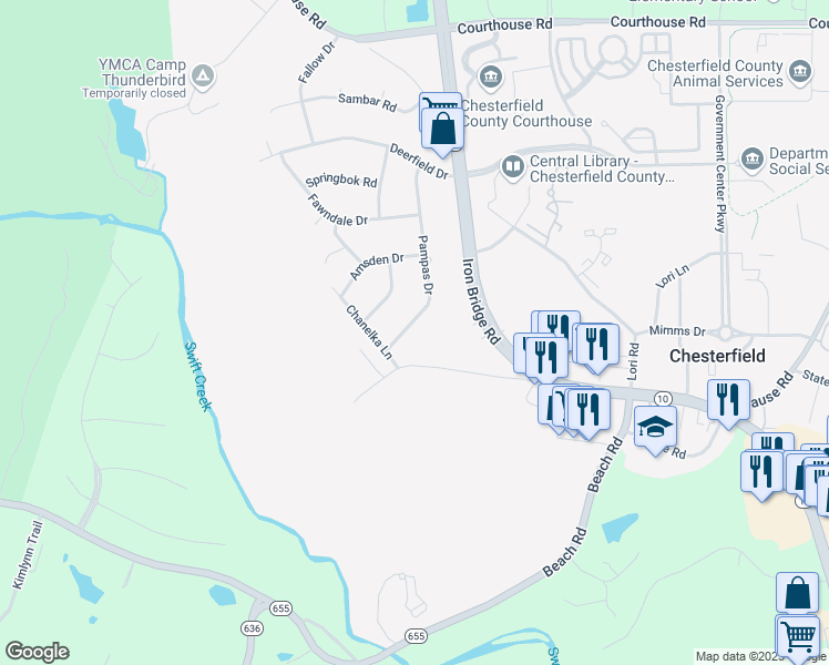 map of restaurants, bars, coffee shops, grocery stores, and more near 9829 Pampas Drive in Chesterfield