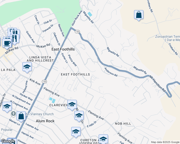 map of restaurants, bars, coffee shops, grocery stores, and more near 10741 Ridgeview Avenue in San Jose