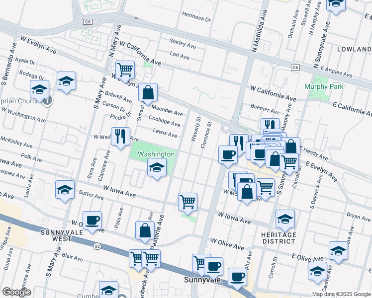 map of restaurants, bars, coffee shops, grocery stores, and more near 747 West Washington Avenue in Sunnyvale
